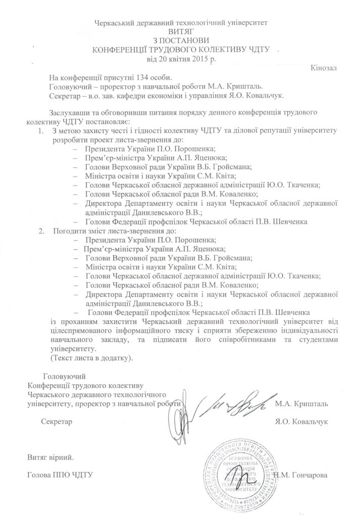 Лист-звернення трудового колективу Черкаського державного технологічного університету, про звернення громадян